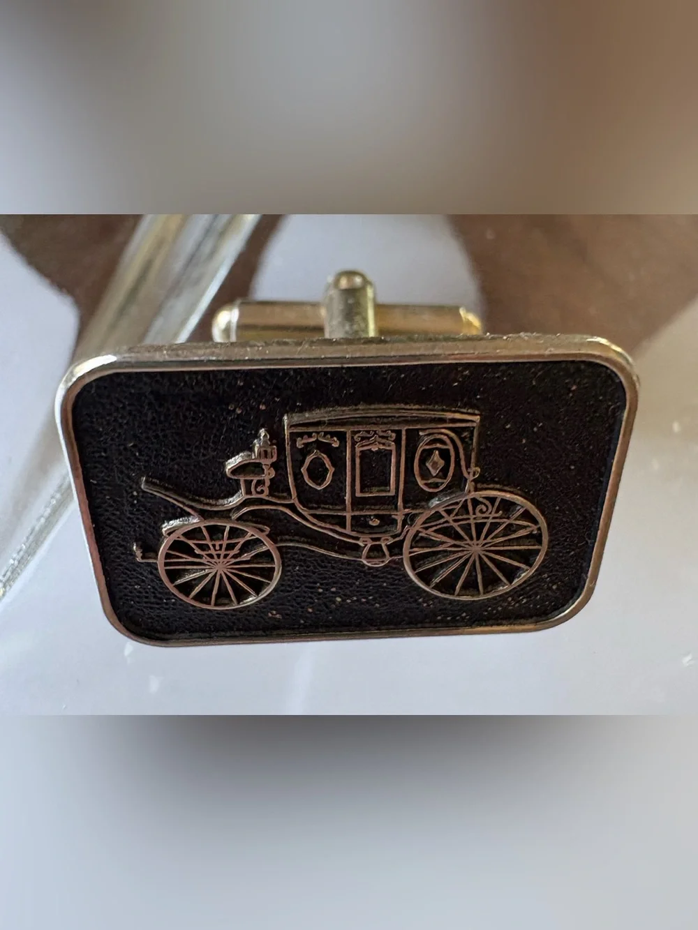 Carriage Cufflinks Gold Tone Black Enamel Dress Shirt Tux Suit Vintage
